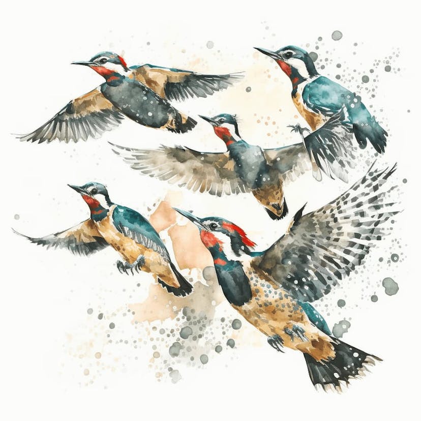Watercolor of a flock of woodpeckers